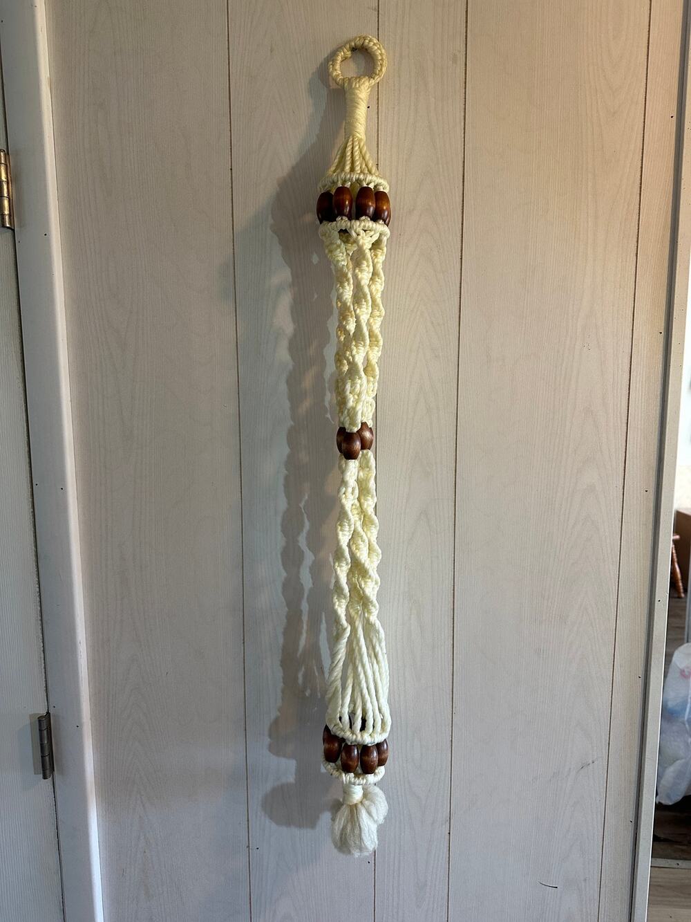 Vintage 1970s Macrame Plant Hanger Wooden Beads Cream Cord Boho 3 Feet